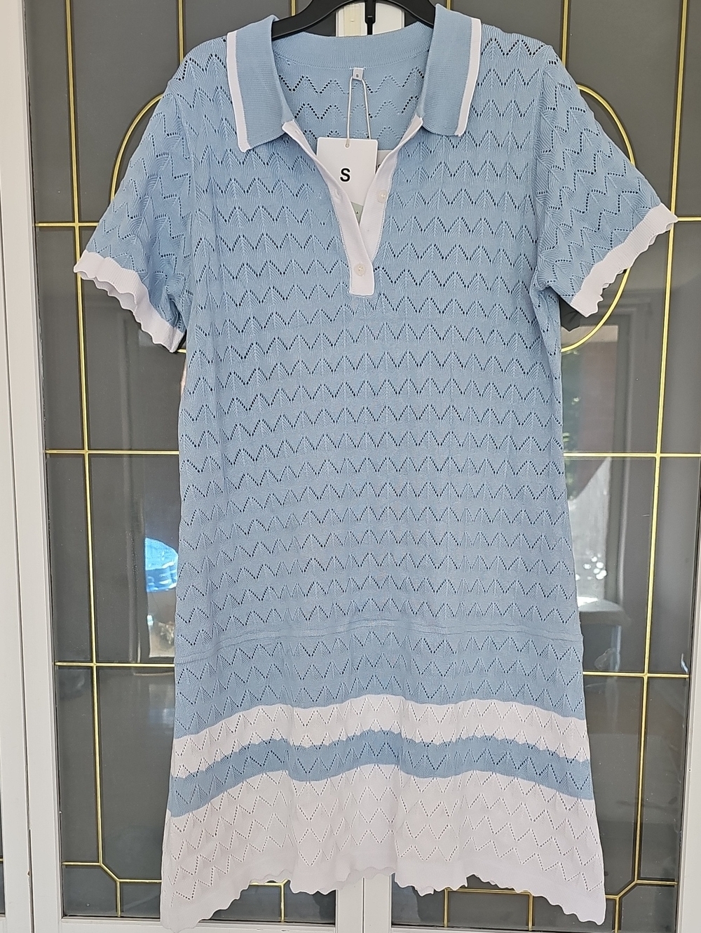 Light Blue Knit Polo Dress with White Trim